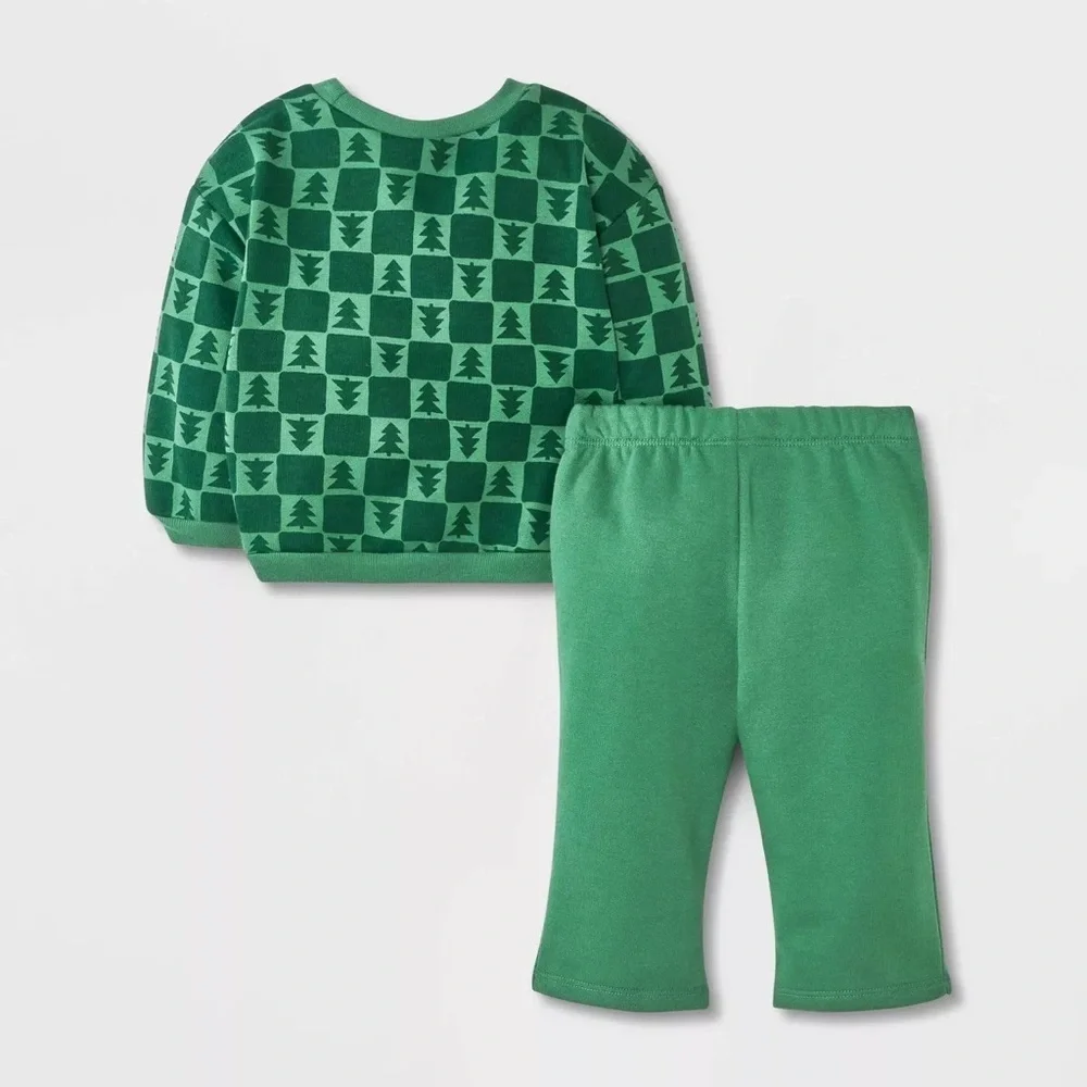 Baby nwt 2pc Holiday Checkered Christmas Tree Fleece Sweatshirt Pants Set Green